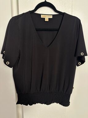 Michael Kors Black V-Neck Short Sleeve Top with Grommet Detail